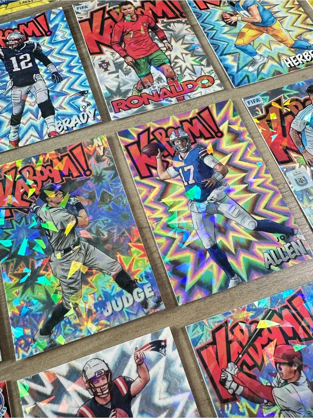 Kaboom Lot of (20) Messi, Kobe, Ohtani, Mahomes, Maye, etc Holo Novelty Cards.